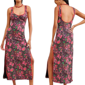 Free People Clementine Midi Dress in Black Pink Green Floral Pattern Red Trim